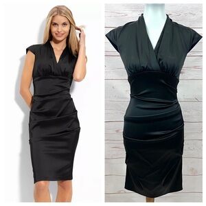 Xscape Joanna Chen Pleated Satin Stretch Little Black Bodycon Cocktail Dress LBD